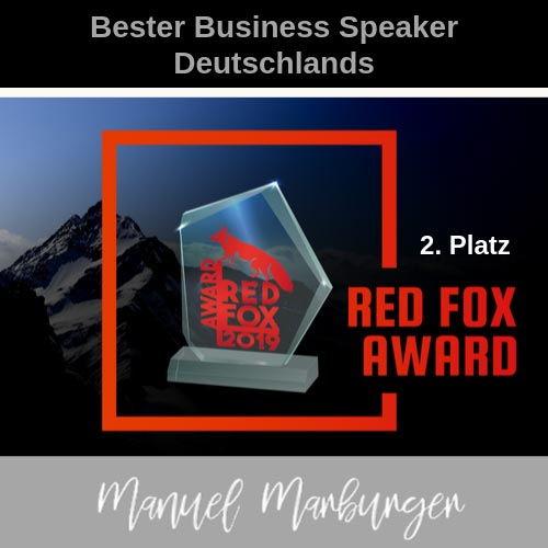 Auszeichnung Red Fox Award, 2. Platz, als bester Business Speaker Deutschlands – Referenz für die Kompetenz eines Keynote Speaker deutsch.